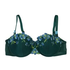 Adore Me 38DD Forest Green Floral Embroidered Underwire Mesh Bra Blue Yellow Bow